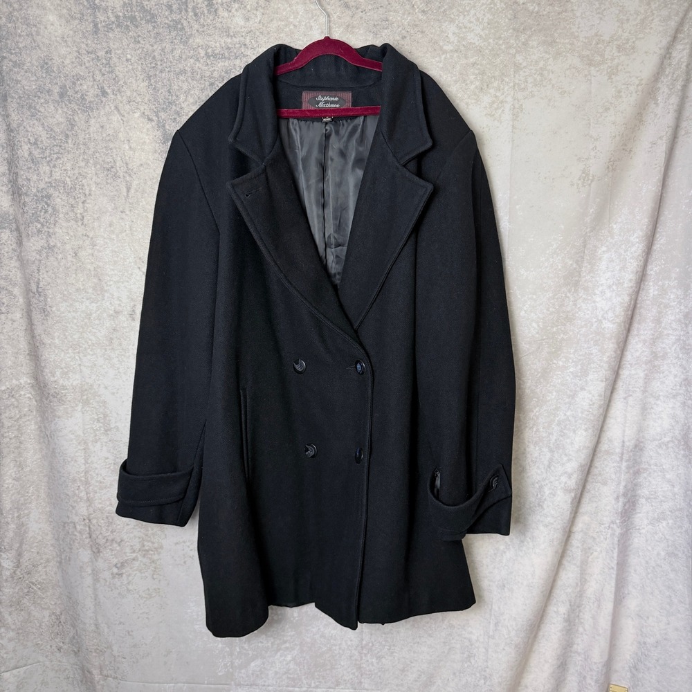 Vintage Stephanie Mathews Black 100% Wool Double Breasted Coat Size 16
